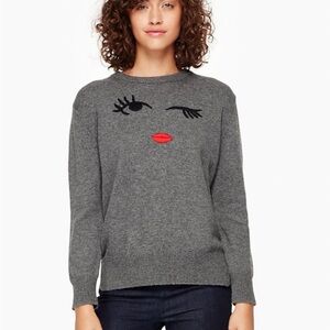 Kate Spade Broome Street Gray Wool Blend Winking Eye Red Lips Sweater Size S